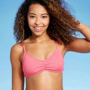 Pink ribbed gathered In Front- Bikini top -back Clasp-M